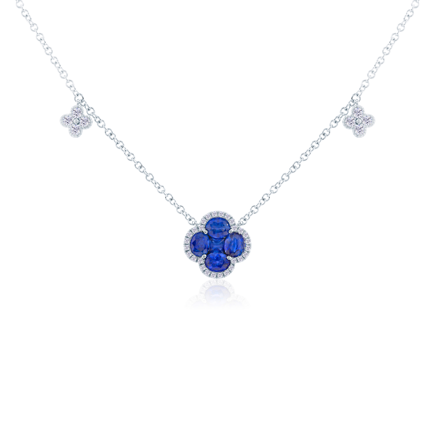 Blue Sapphire Clover and Diamond Dangle Necklace